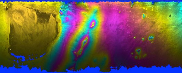 False-color radar image with rainbow fringes