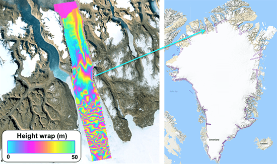 False-color radar image with rainbow fringes overlaid over Google Earth